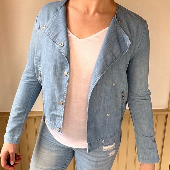 Khloé California M Chambray Denim Moto Jacket Fall Layering Grunge Biker Classic - Picture 2 of 9